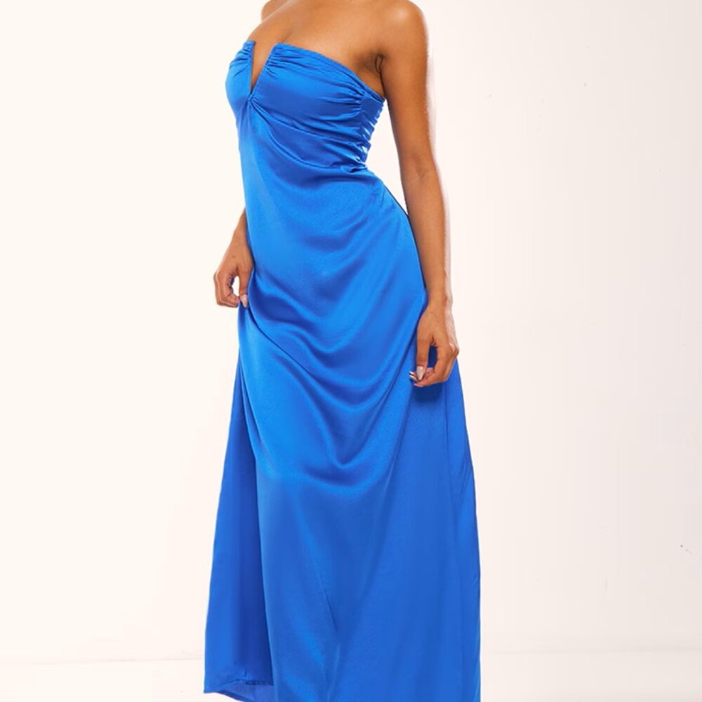 Pretty Little Thing Cobalt Satin V Bar Floaty Bandeau Maxi Dress Size 10 NWT
